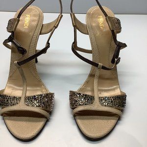 Fendi Pumps Shoes Gold With Diamond Leather High Heels 36 1/2. Size 7 USA